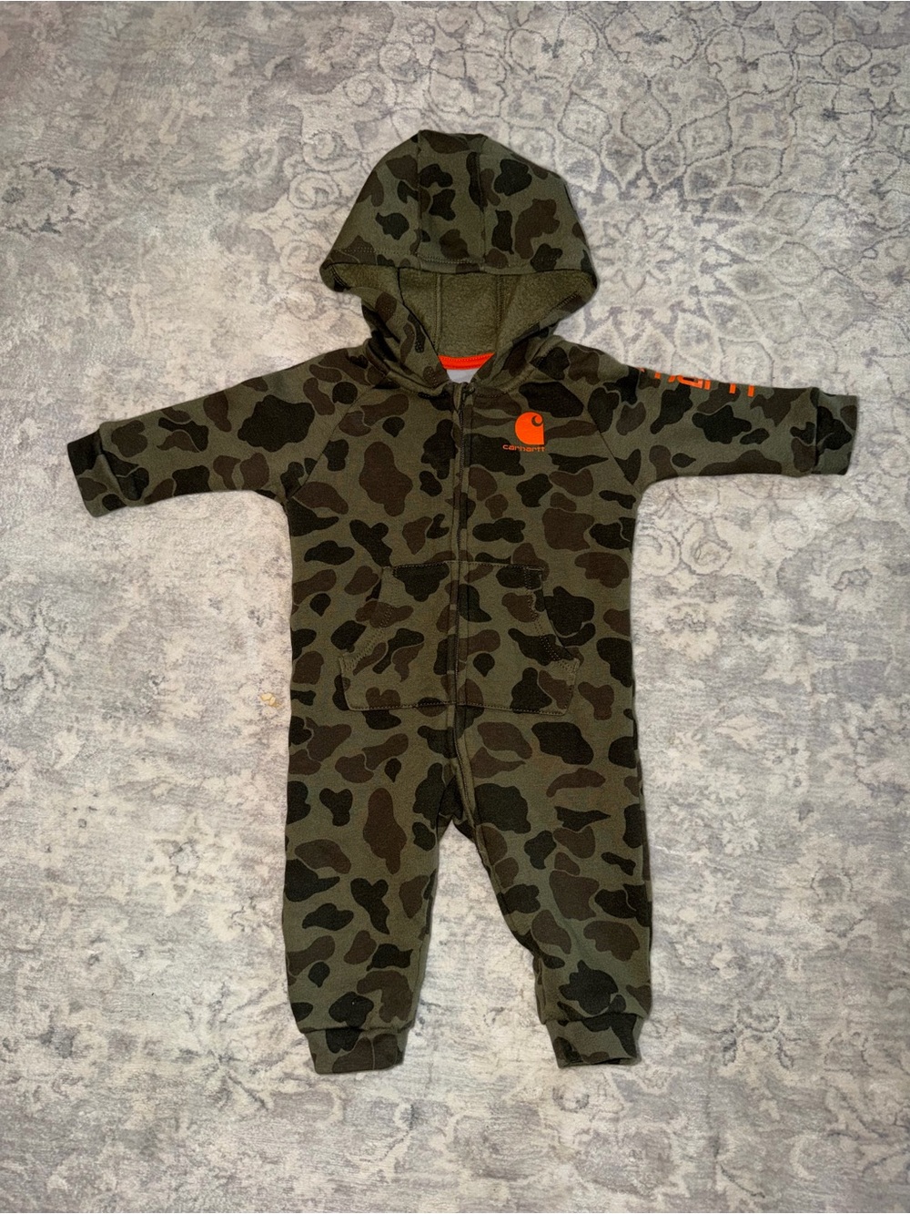 Carhartt Kids Olive and Dark Brown Camo Hooded Zip One-Piece